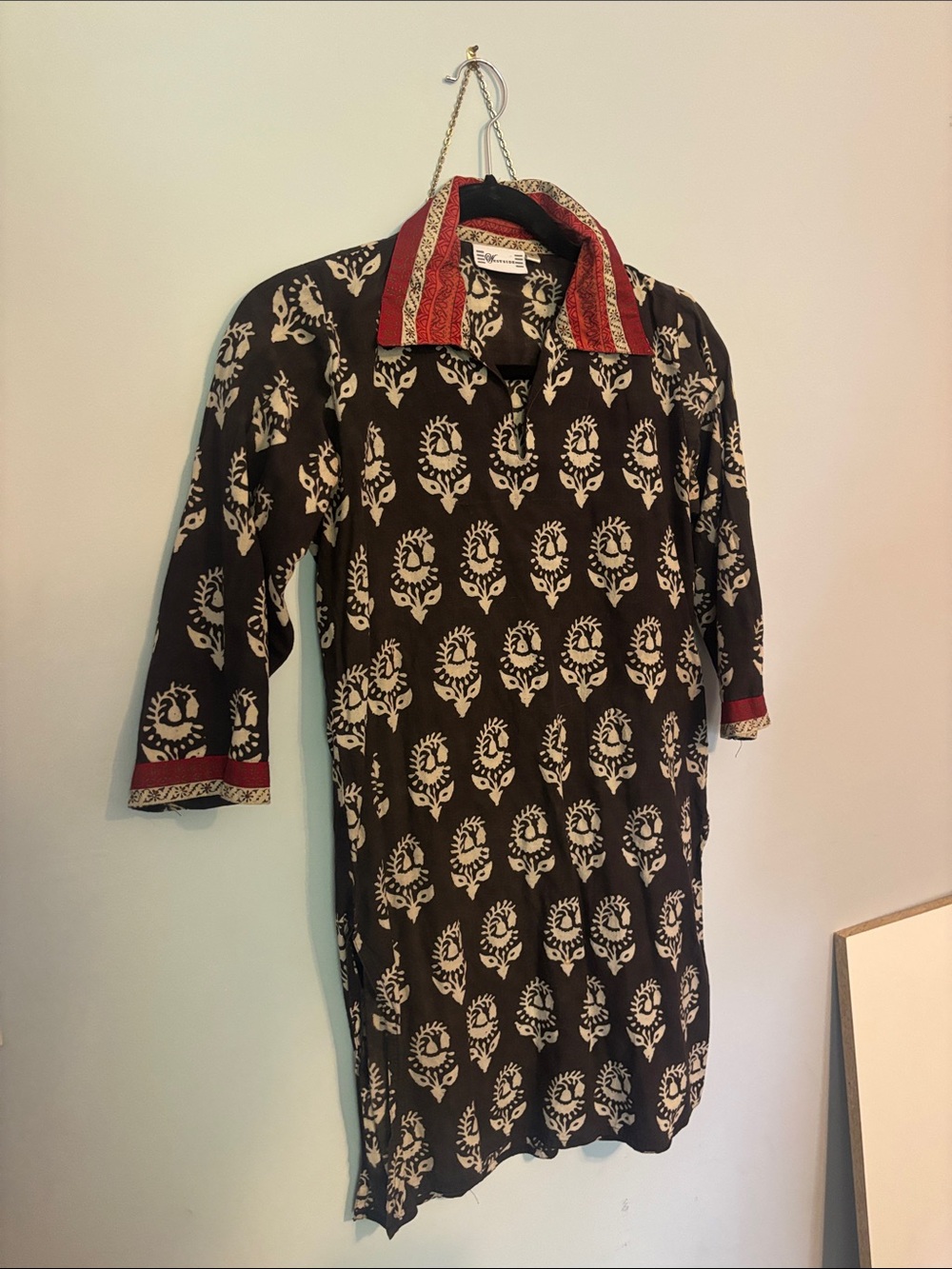 Black & Cream Printed Men’s Shirt with Red Trim
